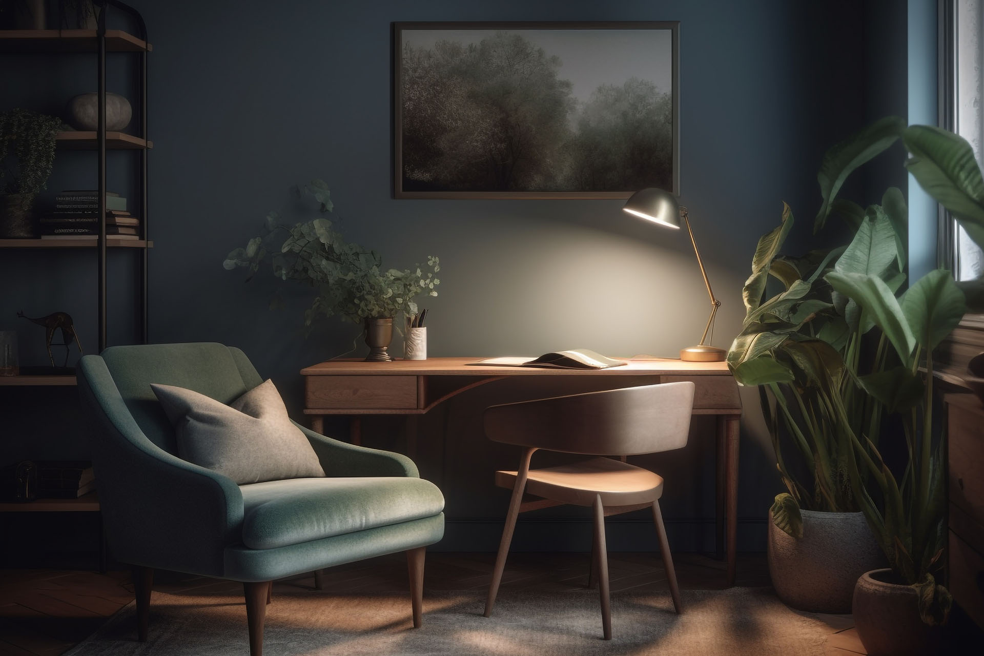 Interior workspace with desk and chair